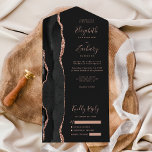 Modern Black Rose Gold Agate Dark Wedding All In One Invitation<br><div class="desc">The left-hand edge of this elegant modern all-in-one wedding invitation and RSVP features a black watercolor agate border trimmed with faux rose gold glitter. The customisable text combines rose pink handwriting, copperplate and italic fonts on an off-black background. The return address appears on the outside flap and the reverse side...</div>