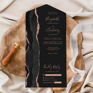 Modern Black Rose Gold Agate Dark Wedding All In One Invitation