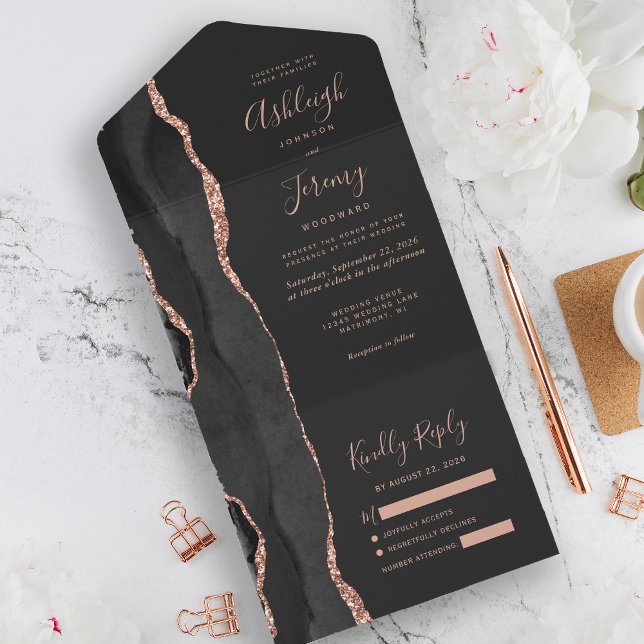 Modern Black Rose Gold Agate Dark Wedding All In One Invitation (Creator Uploaded)