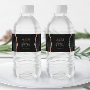 Modern Black Rose Gold Agate Dark Wedding Water Bottle Label