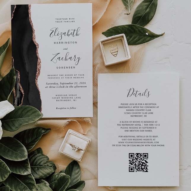 Modern Black Rose Gold Agate QR Code Wedding Invitation (Creator Uploaded)