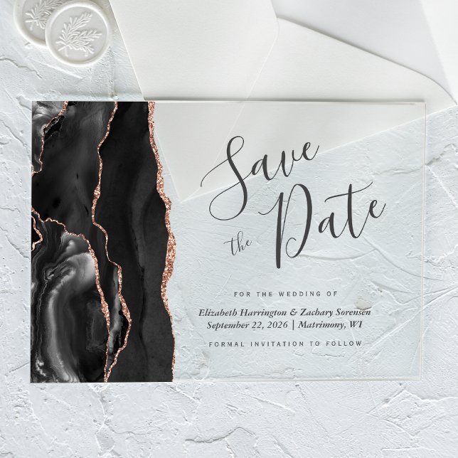 Modern Black Rose Gold Agate Save the Date Card Acrylic Invitations (Creator Uploaded)
