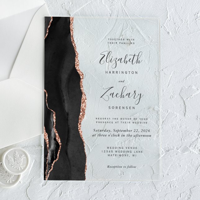Modern Black Rose Gold Agate Wedding Acrylic Invitations (Creator Uploaded)