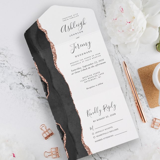 Modern Black Rose Gold Agate Wedding All In One Invitation (Creator Uploaded)