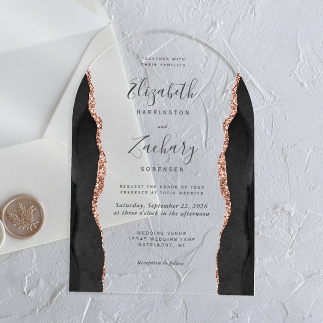 Modern Black Rose Gold Agate Wedding Arch Acrylic Invitations (Creator Uploaded)