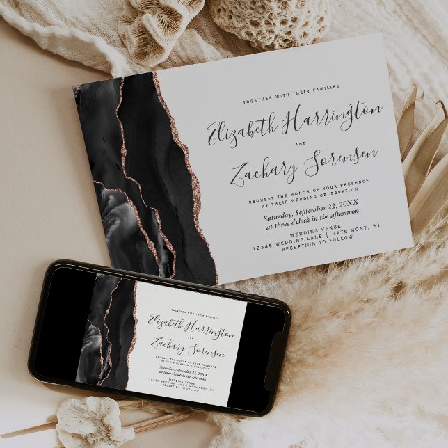 Modern Black Rose Gold Agate Wedding Invitation (Creator Uploaded)
