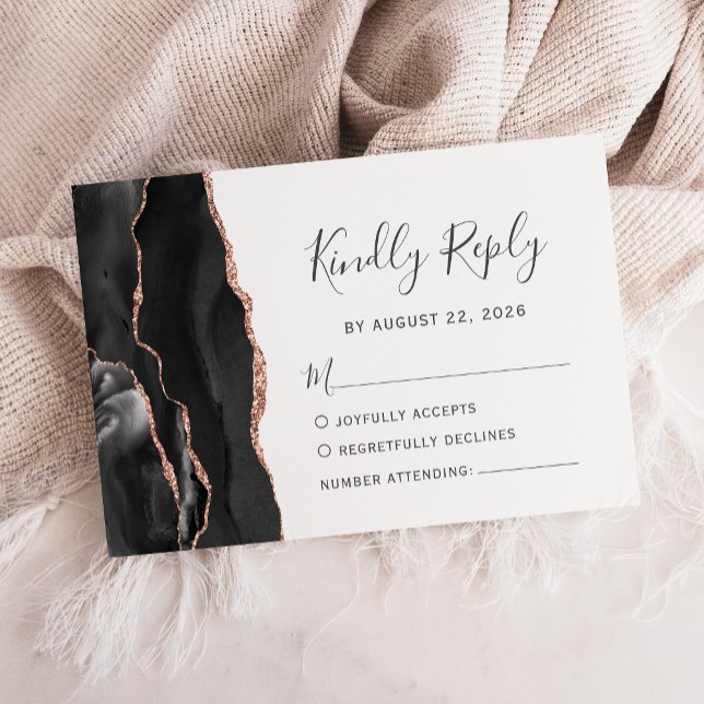 Modern Black Rose Gold Agate Wedding RSVP Card (Creator Uploaded)