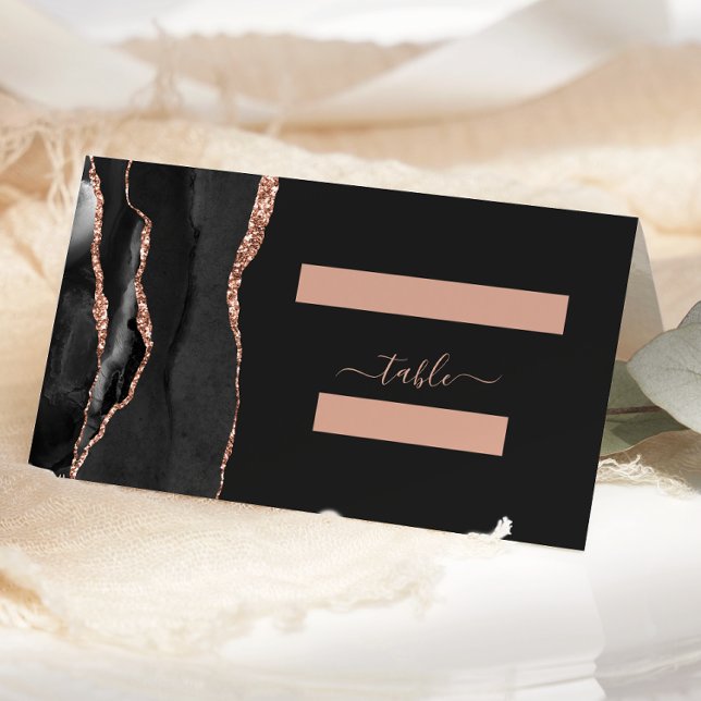 Modern Black Rose Gold Agate Wedding Table Place Card (Creator Uploaded)