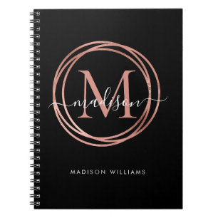 Modern Black Rose Gold Blush Pink Monogram Circle Notebook