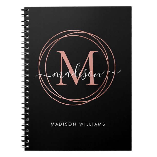 Modern Black Rose Gold Blush Pink Monogram Circle Notebook (Front)