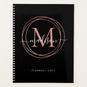 Modern Black Rose Gold Blush Pink Monogram Circle Planner