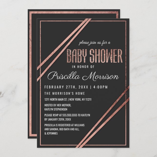 Modern Black Rose Gold Chic Linear Baby Shower Invitation (Front/Back)