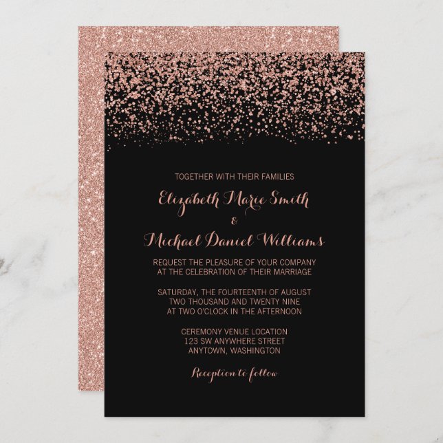 Modern Black Rose Gold Faux Glitter Wedding Invitation (Front/Back)