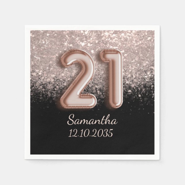 Modern Black Rose Gold Glitter 21 Birthday  Napkin (Front)