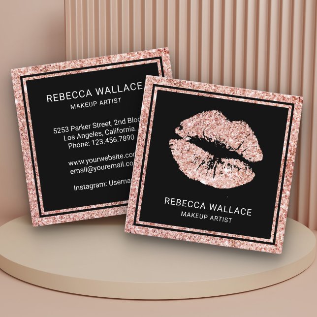 Modern Black Rose Gold Glitter Lips Makeup Artist Square Business Card (Creator Uploaded)