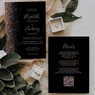 Modern Black Rose Gold Glitter QR Code Wedding Invitation