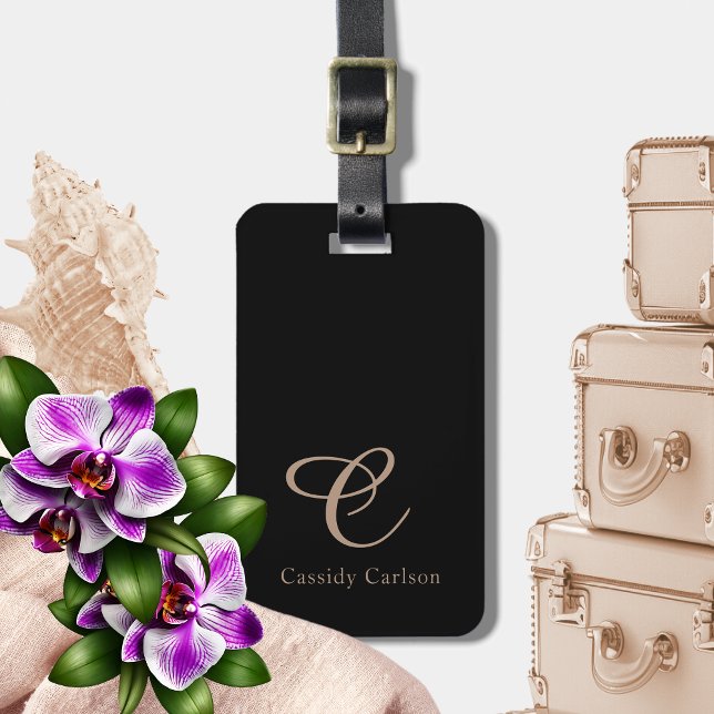 Modern Black & Rose Gold Initial Monogram Luggage Tag (Creator Uploaded)