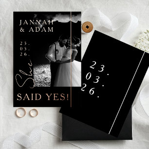 Modern Black Rose Gold Photo Engagement Announce