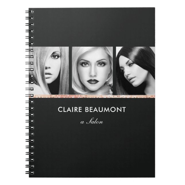 Modern Black Rose Gold Sequin Salon 3 Photo Card Spiral Notebook (Front)