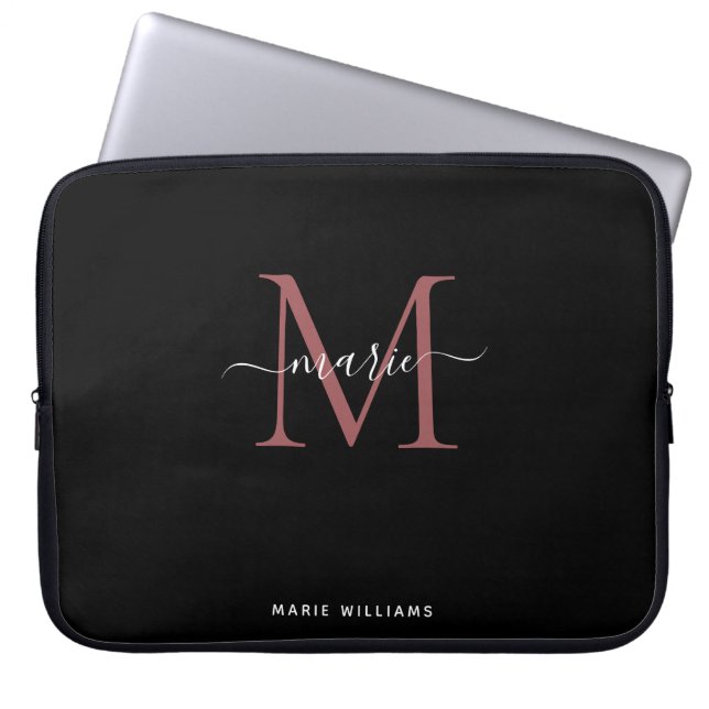 Modern Black Rose Monogram Script Name Initial Laptop Sleeve (Front)