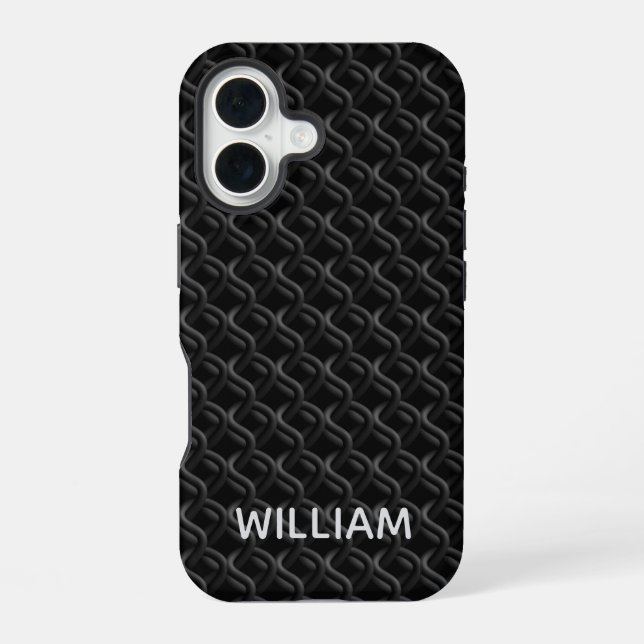 Modern Black Rubber Lattice with Name iPhone 16 Case (Back)