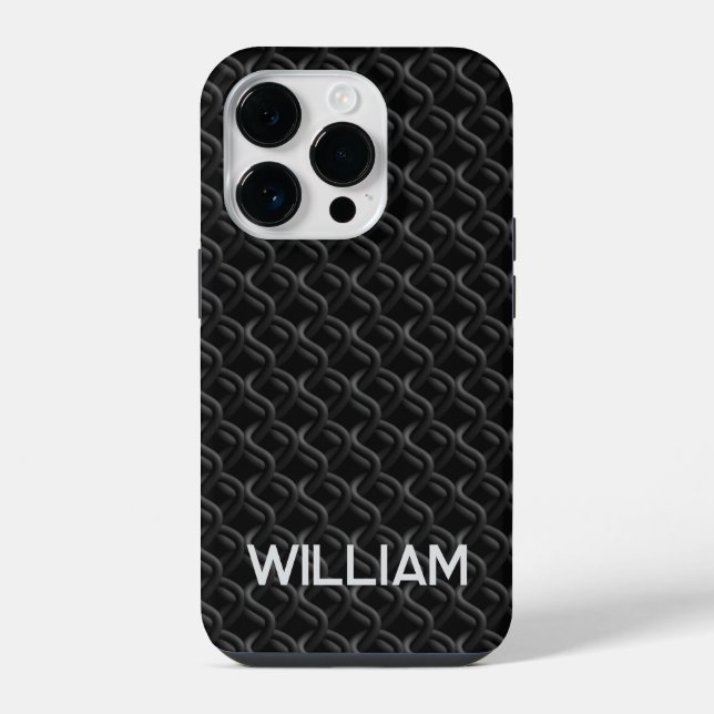 Modern Black Rubber Lattice with Name iPhone Case (Back)