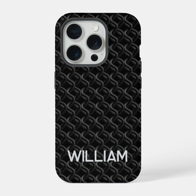 Modern Black Rubber Lattice with Name iPhone Case (Back)