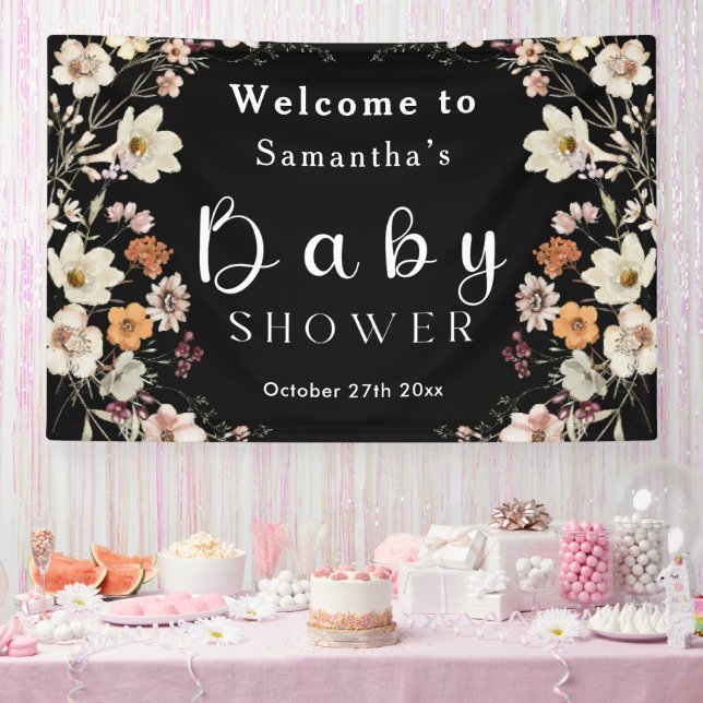 Modern Black Rustic Boho Wildflower Baby Shower Banner (Party)