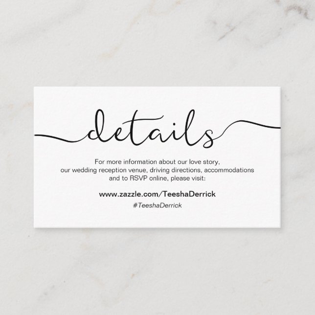 Modern black rustic font, Wedding Details, website Enclosure Card (Front)