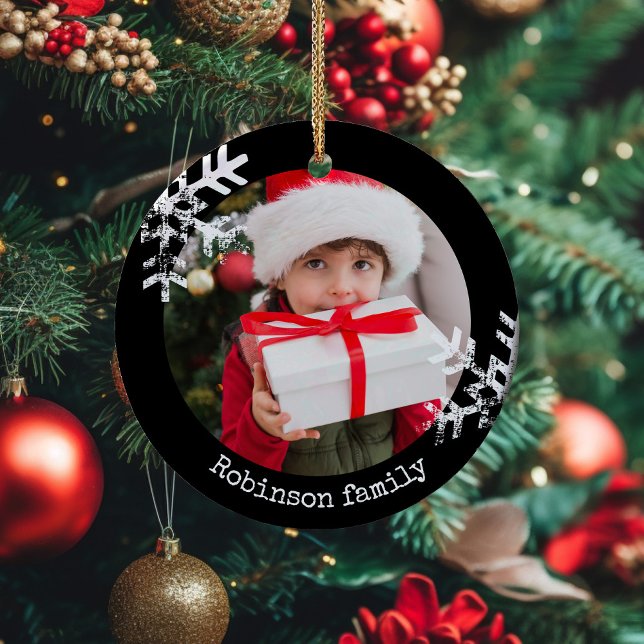 Modern Black Rustic Photo Snowflake Holiday Ceramic Tree Decoration (Rustic snowflake family holiday keepsake photo ornament perfect for gifts to bring joy to others.)