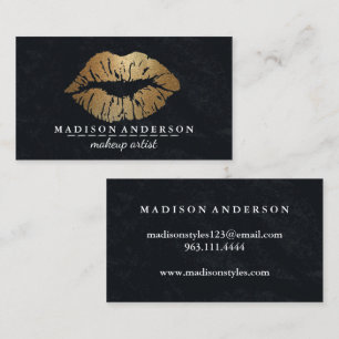Modern Black Salon Gold Lips Makeup Artis Business Card