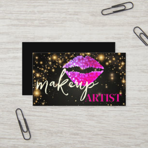 Modern Black Salon Pink Lips Makeup Artist Business Card