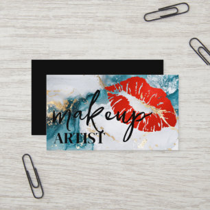 Modern Black Salon Red Lips Makeup Artist Business Card