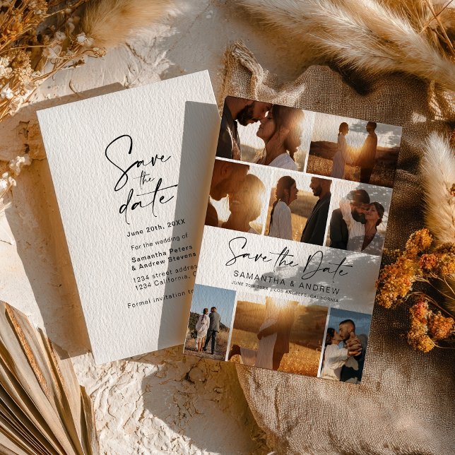 Modern black save the date 8 photo grid collage (Modern black save the date 8 photo grid collage)