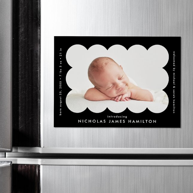 Modern Black Scalloped Photo Birth Announcement (Creator Uploaded)