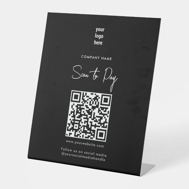 Modern Black Scan to Pay QR Code Social Media  Pedestal Sign (Front)