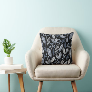 Modern Black Scandinavian Floral Pattern Cushion