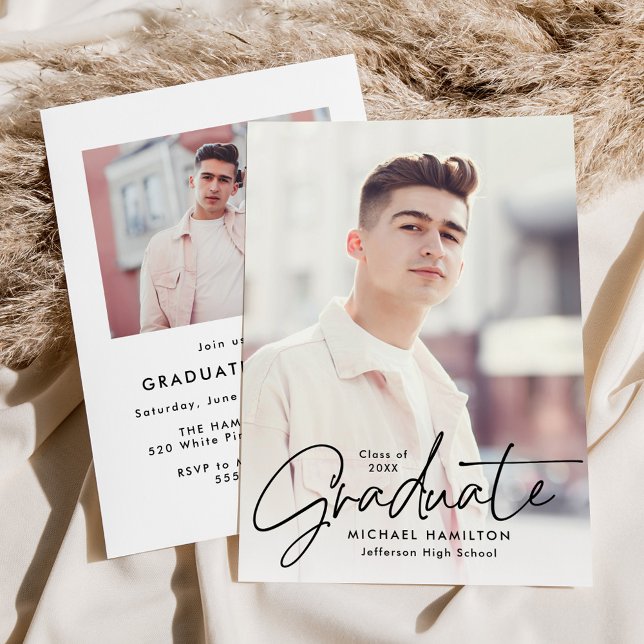 Modern Black Script 2 Photo Graduation Party Invitation (Creator Uploaded)