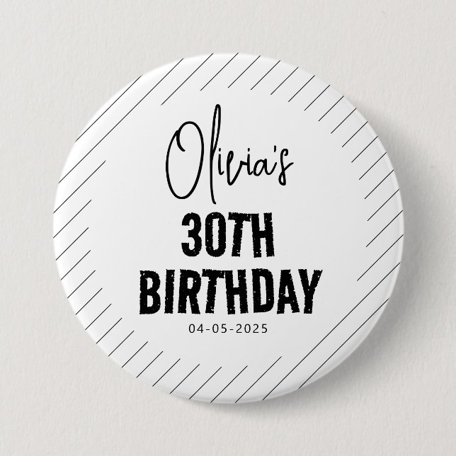 Modern Black Script 30th Birthday Chic & Minimalis 7.5 Cm Round Badge (Front)