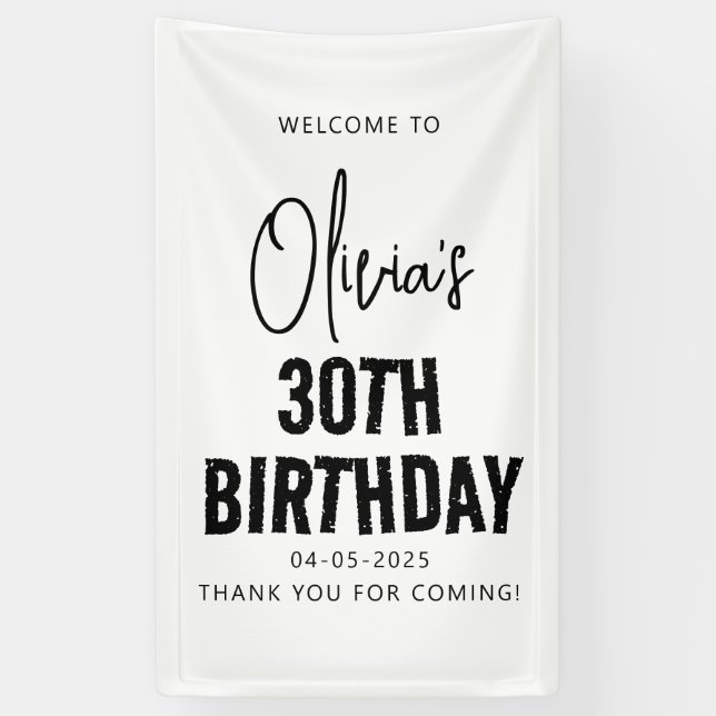 Modern Black Script 30th Birthday Chic & Minimalis Banner (Vertical)
