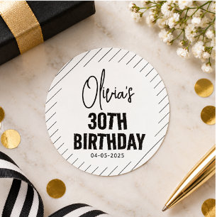 Modern Black Script 30th Birthday Chic & Minimalis Classic Round Sticker