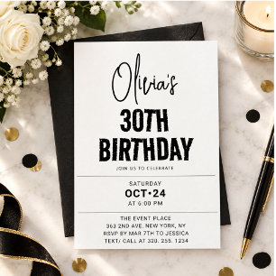 Modern Black Script 30th Birthday Chic & Minimalis Invitation