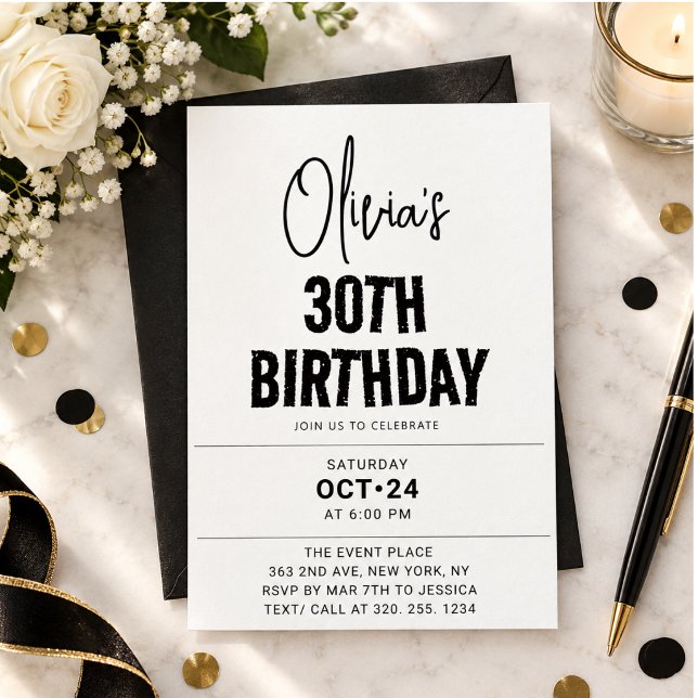 Modern Black Script 30th Birthday Chic & Minimalis Invitation (Modern Black Script 30th Birthday Chic & Minimalis Invitation)