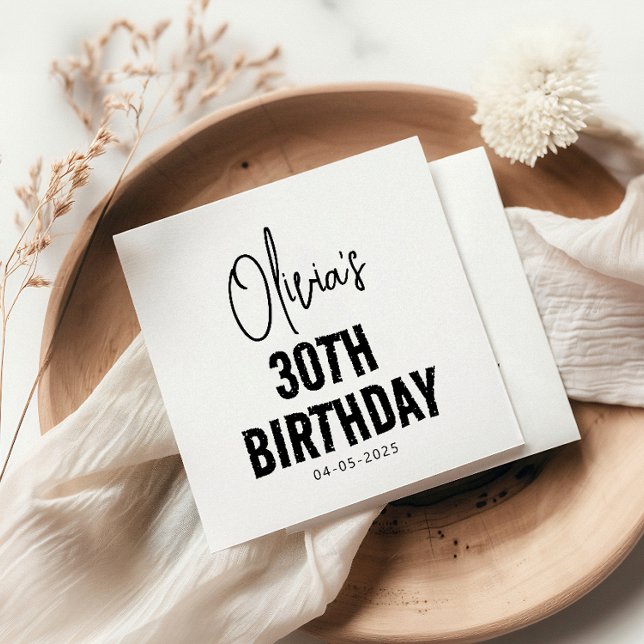 Modern Black Script 30th Birthday Chic & Minimalis Napkin (Creator Uploaded)