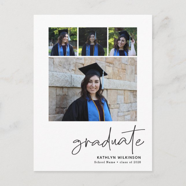 Modern Black Script 4 Photo Collage Graduation  Announcement Postcard (Front)