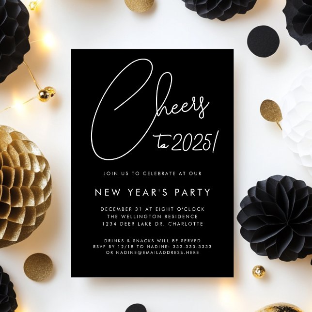 Modern Black Script Cheers New Years Eve Party Invitation (Creator Uploaded)