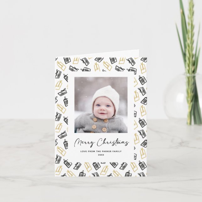 Modern Black Script Cute Gold Black Gifts Pattern  Holiday Card (Front)