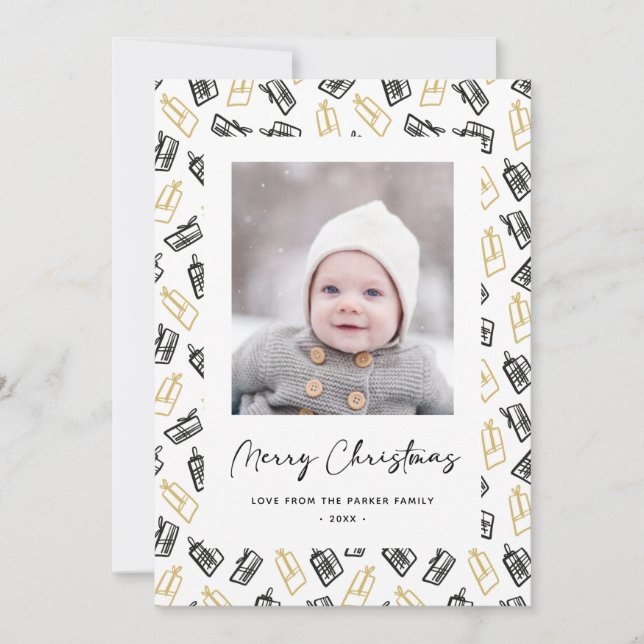 Modern Black Script Cute Gold Black Gifts Pattern  Holiday Card (Front)