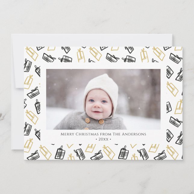 Modern Black Script Cute Gold Black Gifts Pattern  Holiday Card (Front)