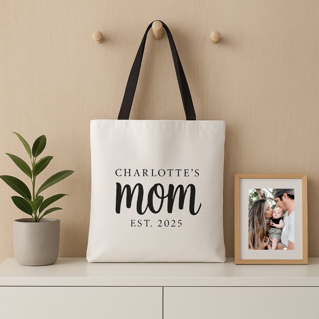 Modern Black Script Established Mum Custom Name Tote Bag (simple black and white mom established custom date and baby name tote bag for new mama mothers day)